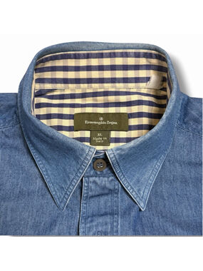 Ermenegildo Zegna VTG Soft Denim Cotton L/S Button Down Work Shirt Pocket XL